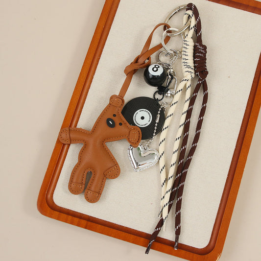 New CartoonBeanieBear Bag Charm Miu Leather Teddy Keychain Black Rope