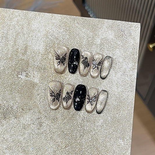 [Floral Ink Dye] National Style Ink Bamboo New Chinese Style Sparkling Black Gold Cat Eye Butterfly Studded Diamond Retro Wearable Nail