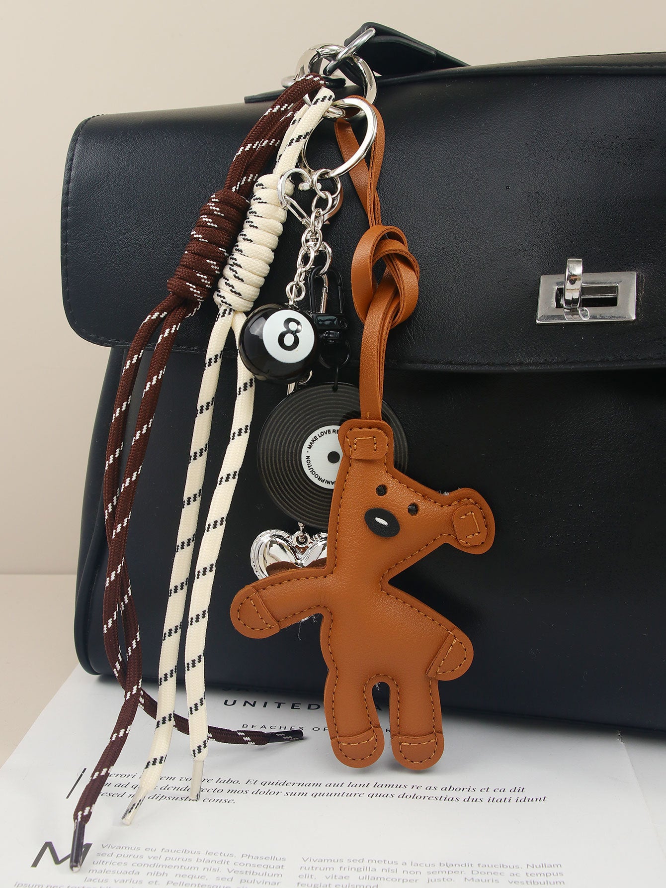 New CartoonBeanieBear Bag Charm Miu Leather Teddy Keychain Black Rope
