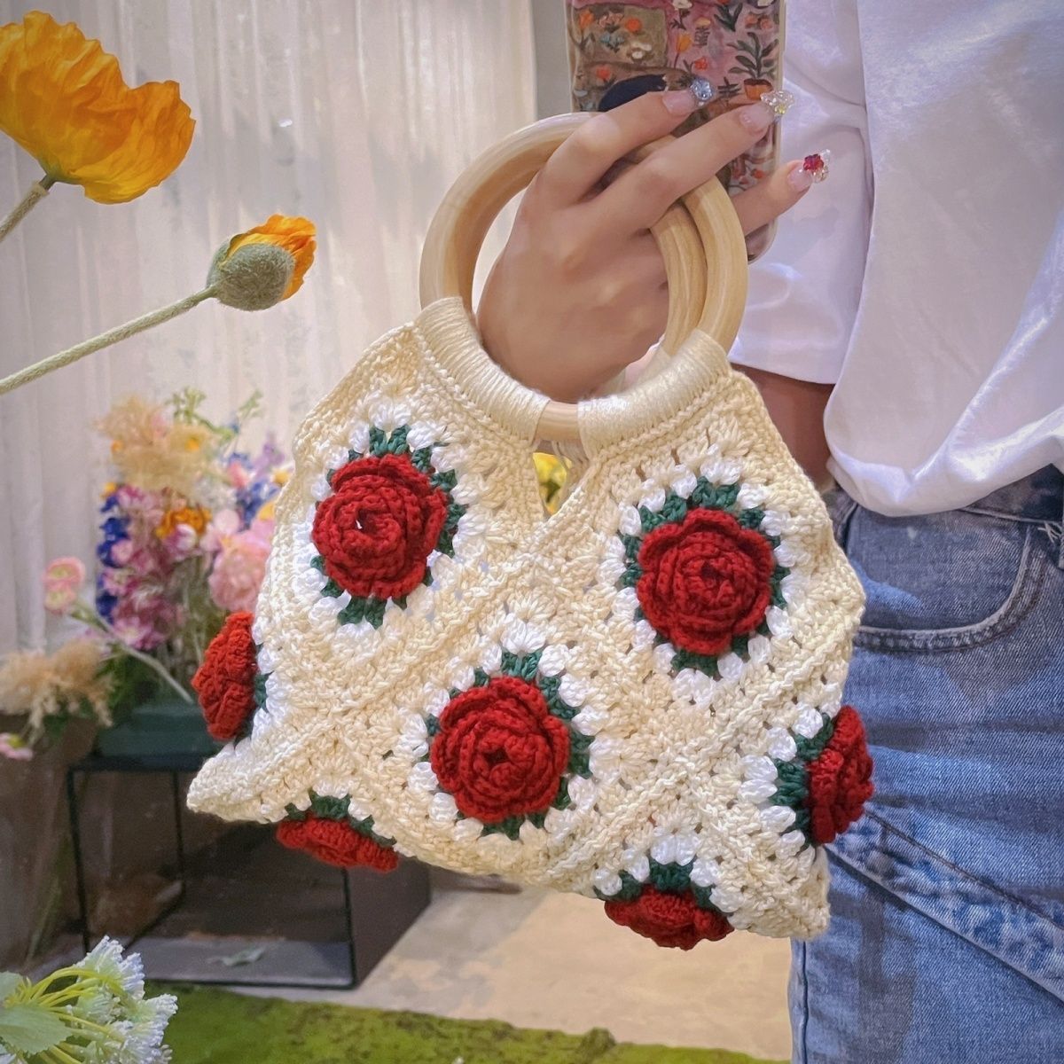 New [Only Selling Finished Products] Vintage Rose Handbag Yarn Crochet DIY Handmade Bag Knitted Camellia Handbag