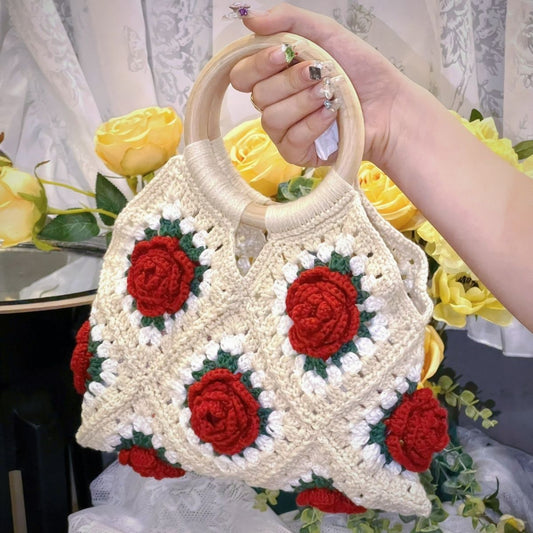 New [Only Selling Finished Products] Vintage Rose Handbag Yarn Crochet DIY Handmade Bag Knitted Camellia Handbag