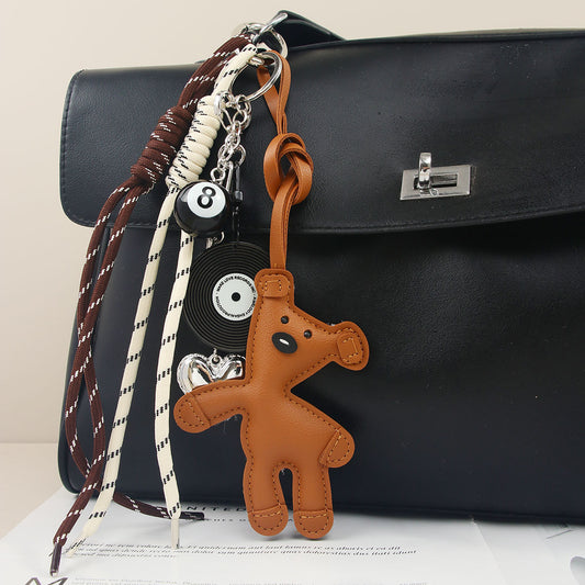 New CartoonBeanieBear Bag Charm Miu Leather Teddy Keychain Black Rope