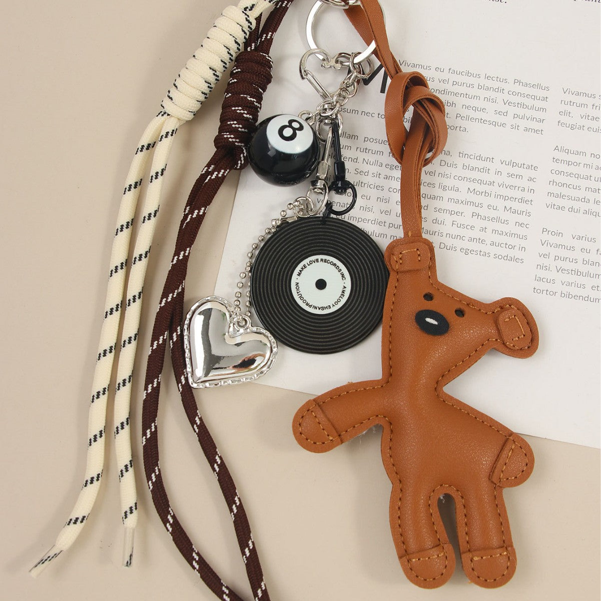 New CartoonBeanieBear Bag Charm Miu Leather Teddy Keychain Black Rope