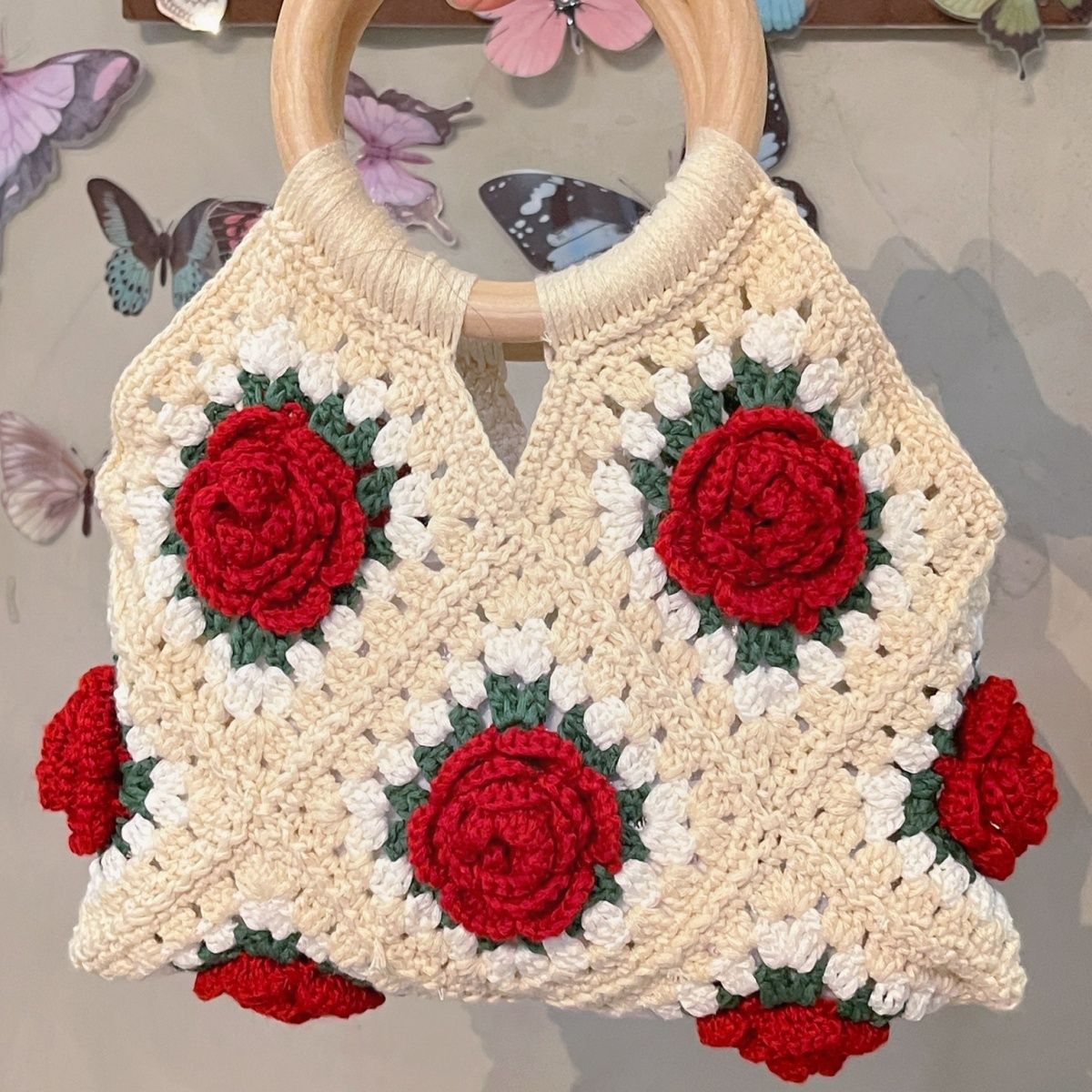 New [Only Selling Finished Products] Vintage Rose Handbag Yarn Crochet DIY Handmade Bag Knitted Camellia Handbag