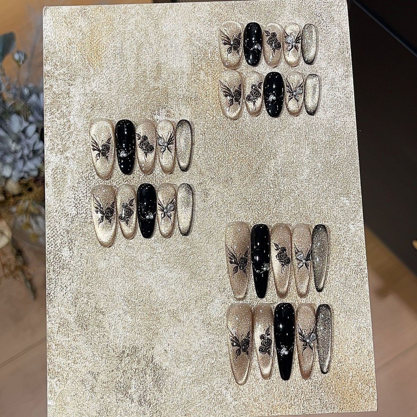 [Floral Ink Dye] National Style Ink Bamboo New Chinese Style Sparkling Black Gold Cat Eye Butterfly Studded Diamond Retro Wearable Nail