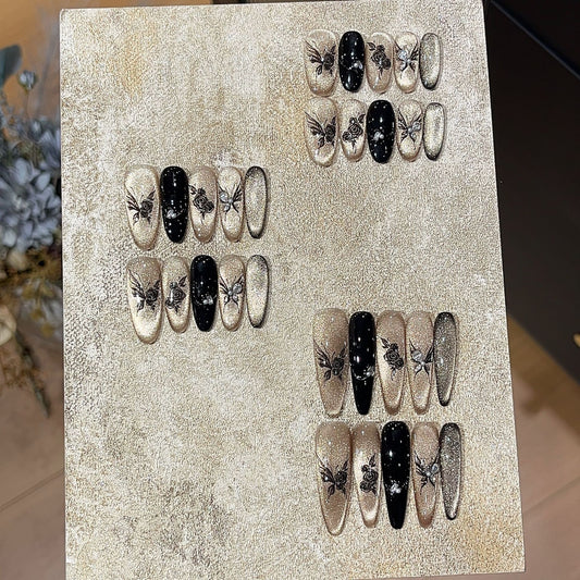 [Floral Ink Dye] National Style Ink Bamboo New Chinese Style Sparkling Black Gold Cat Eye Butterfly Studded Diamond Retro Wearable Nail
