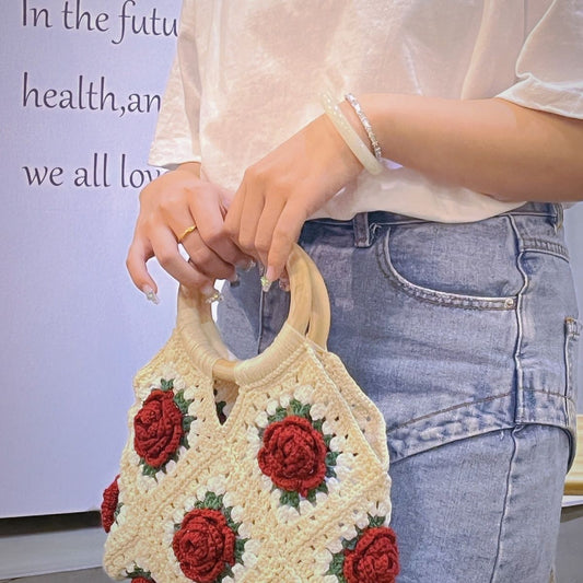 New [Only Selling Finished Products] Vintage Rose Handbag Yarn Crochet DIY Handmade Bag Knitted Camellia Handbag
