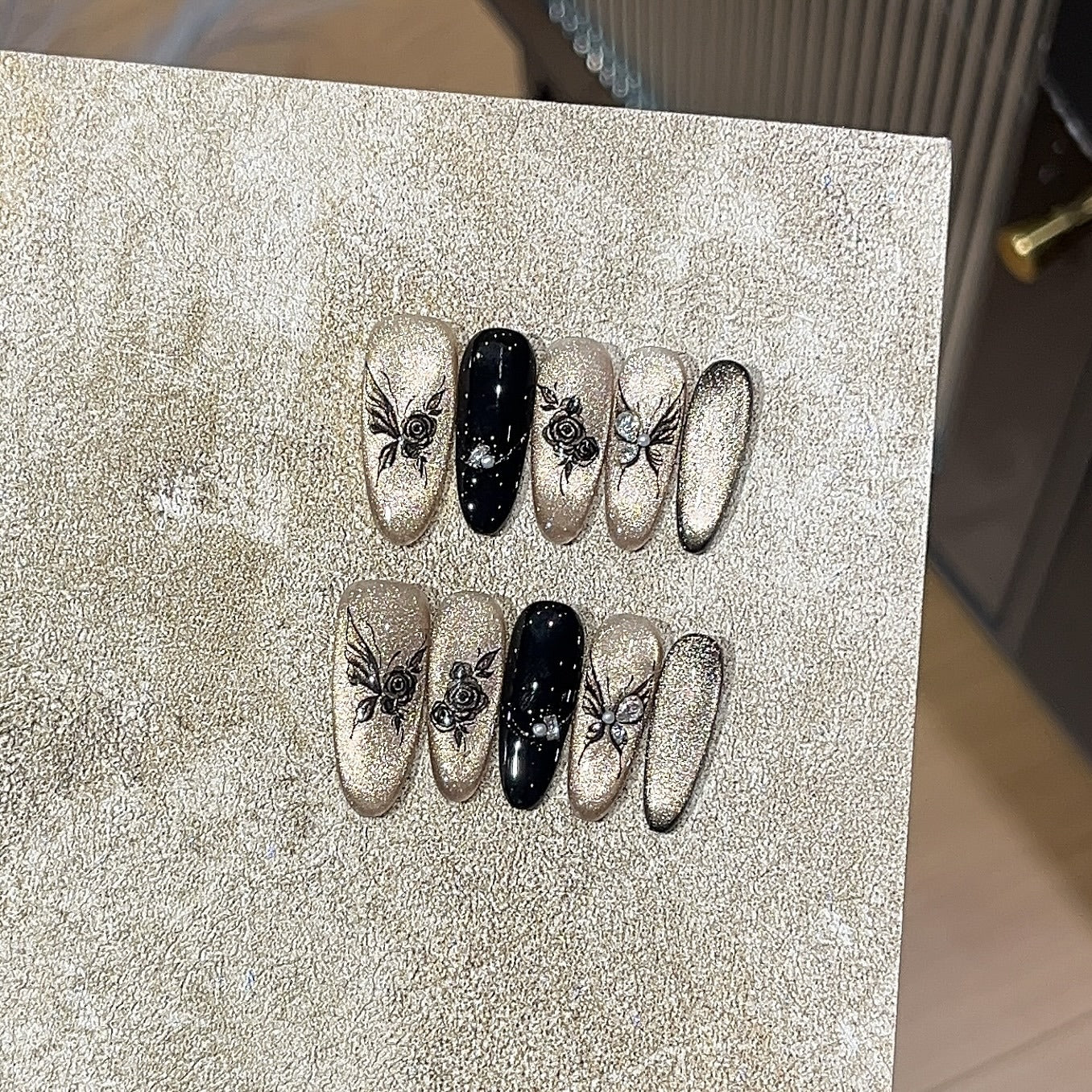 [Floral Ink Dye] National Style Ink Bamboo New Chinese Style Sparkling Black Gold Cat Eye Butterfly Studded Diamond Retro Wearable Nail