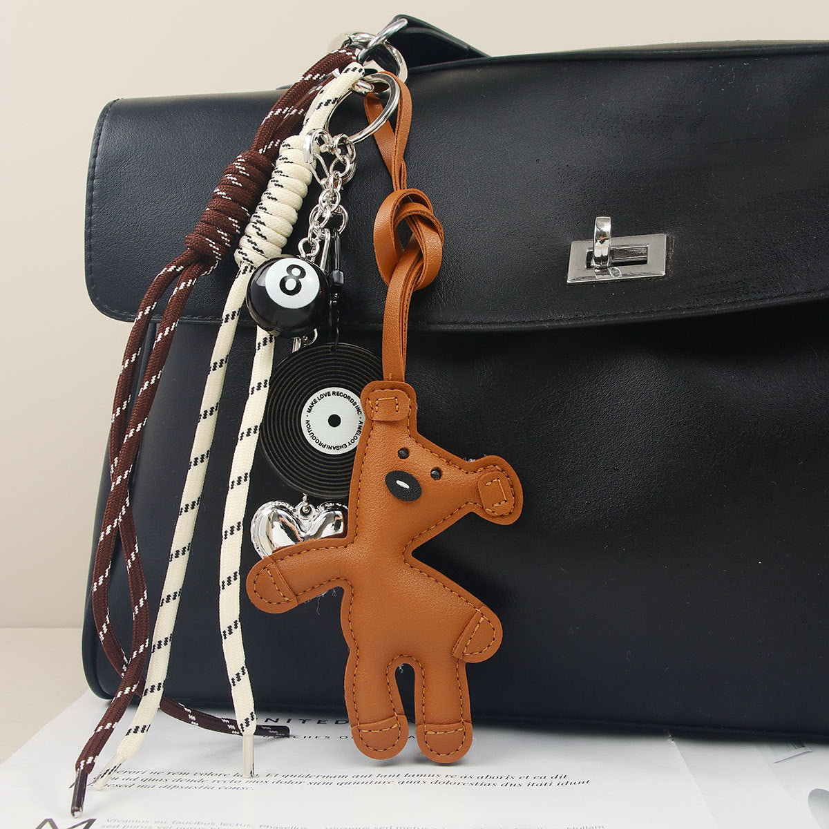 New CartoonBeanieBear Bag Charm Miu Leather Teddy Keychain Black Rope