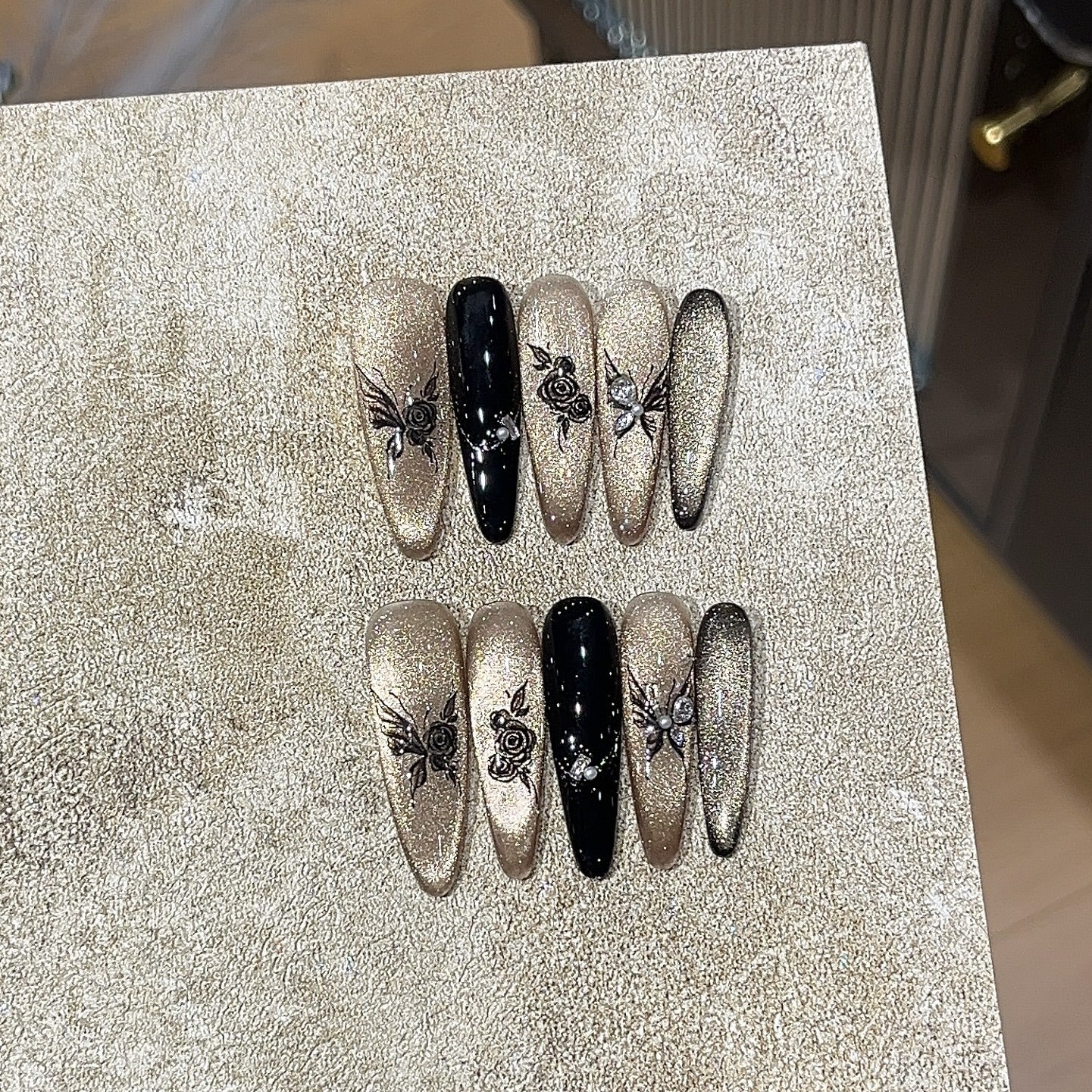[Floral Ink Dye] National Style Ink Bamboo New Chinese Style Sparkling Black Gold Cat Eye Butterfly Studded Diamond Retro Wearable Nail