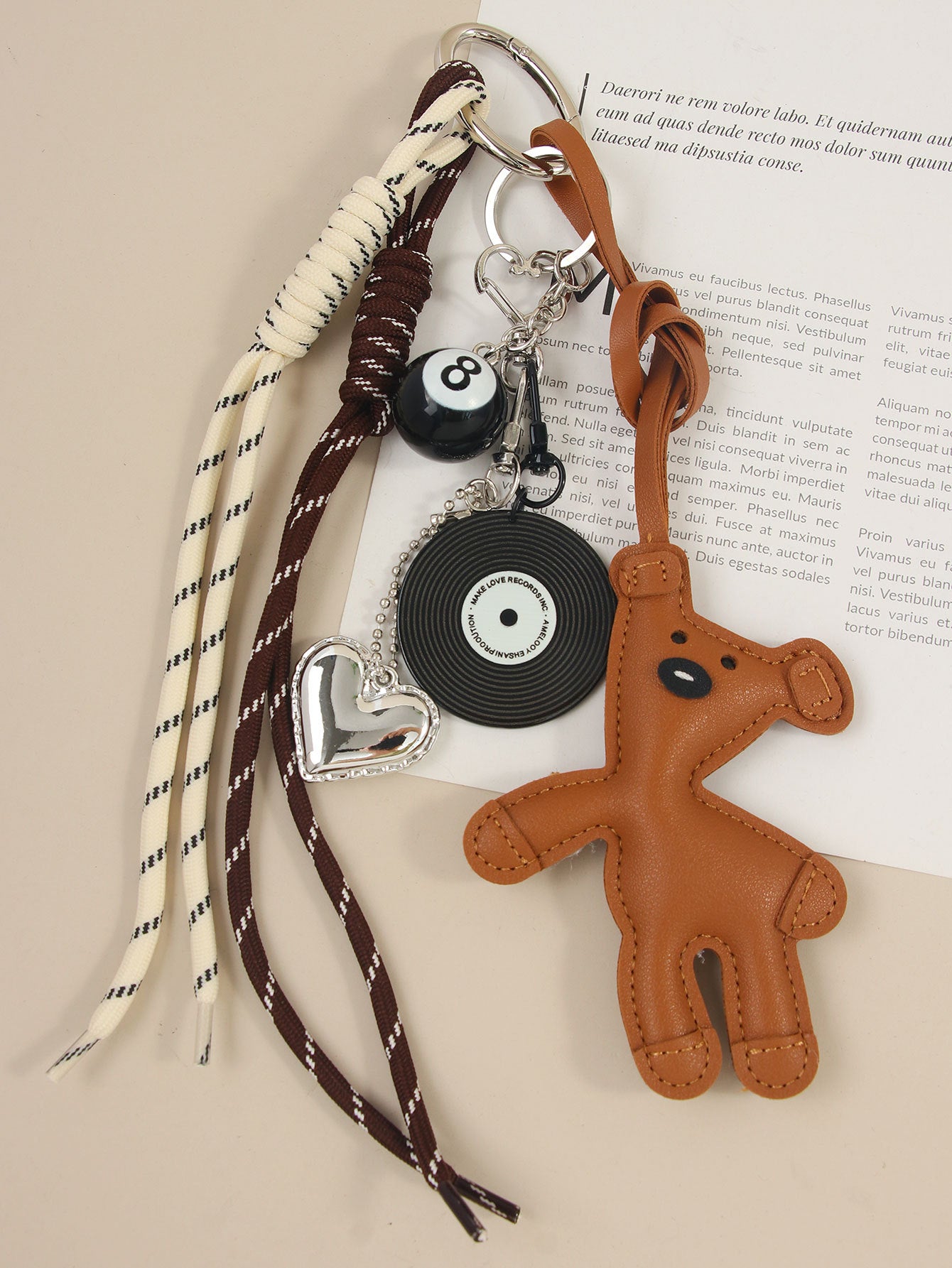 New CartoonBeanieBear Bag Charm Miu Leather Teddy Keychain Black Rope