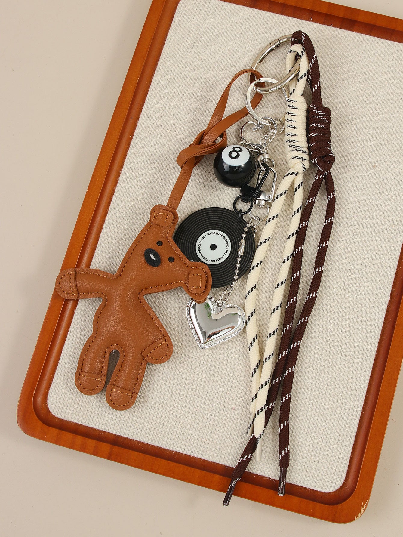 New CartoonBeanieBear Bag Charm Miu Leather Teddy Keychain Black Rope