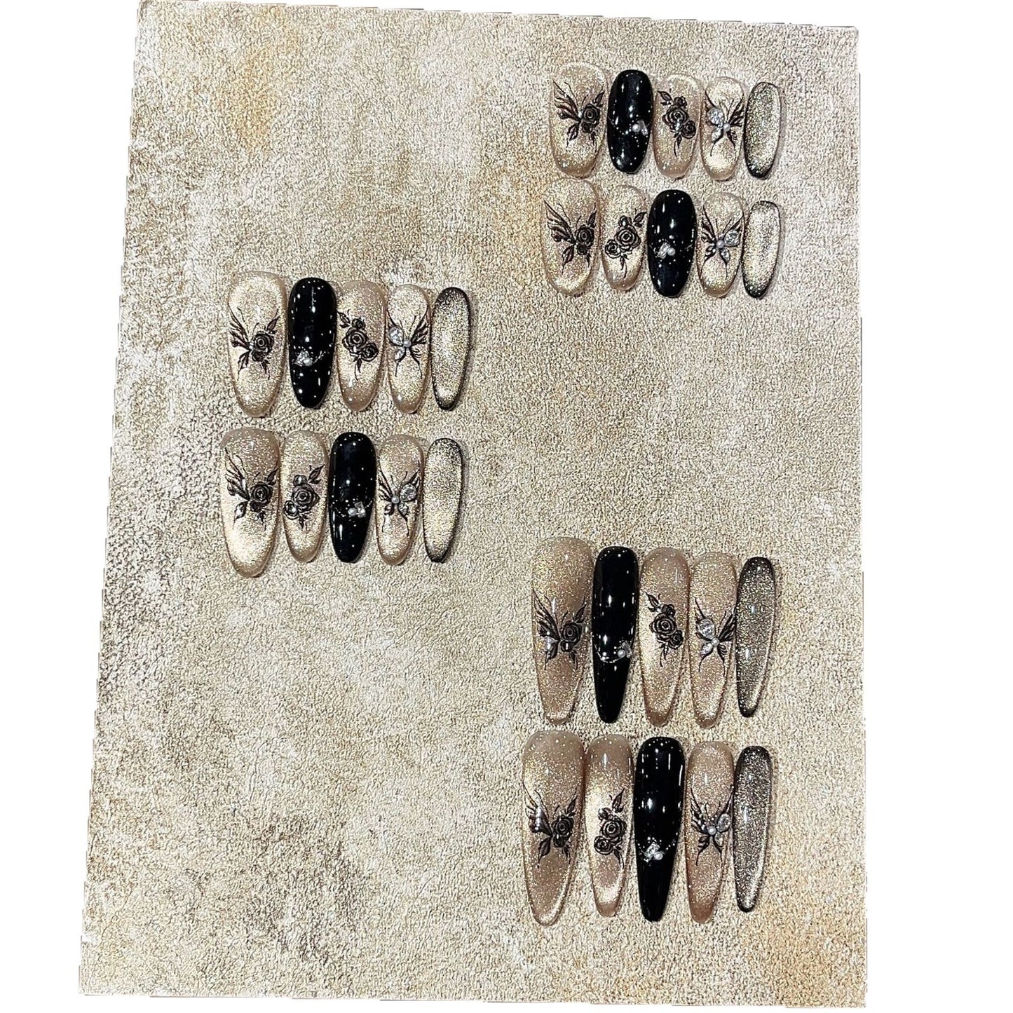 [Floral Ink Dye] National Style Ink Bamboo New Chinese Style Sparkling Black Gold Cat Eye Butterfly Studded Diamond Retro Wearable Nail