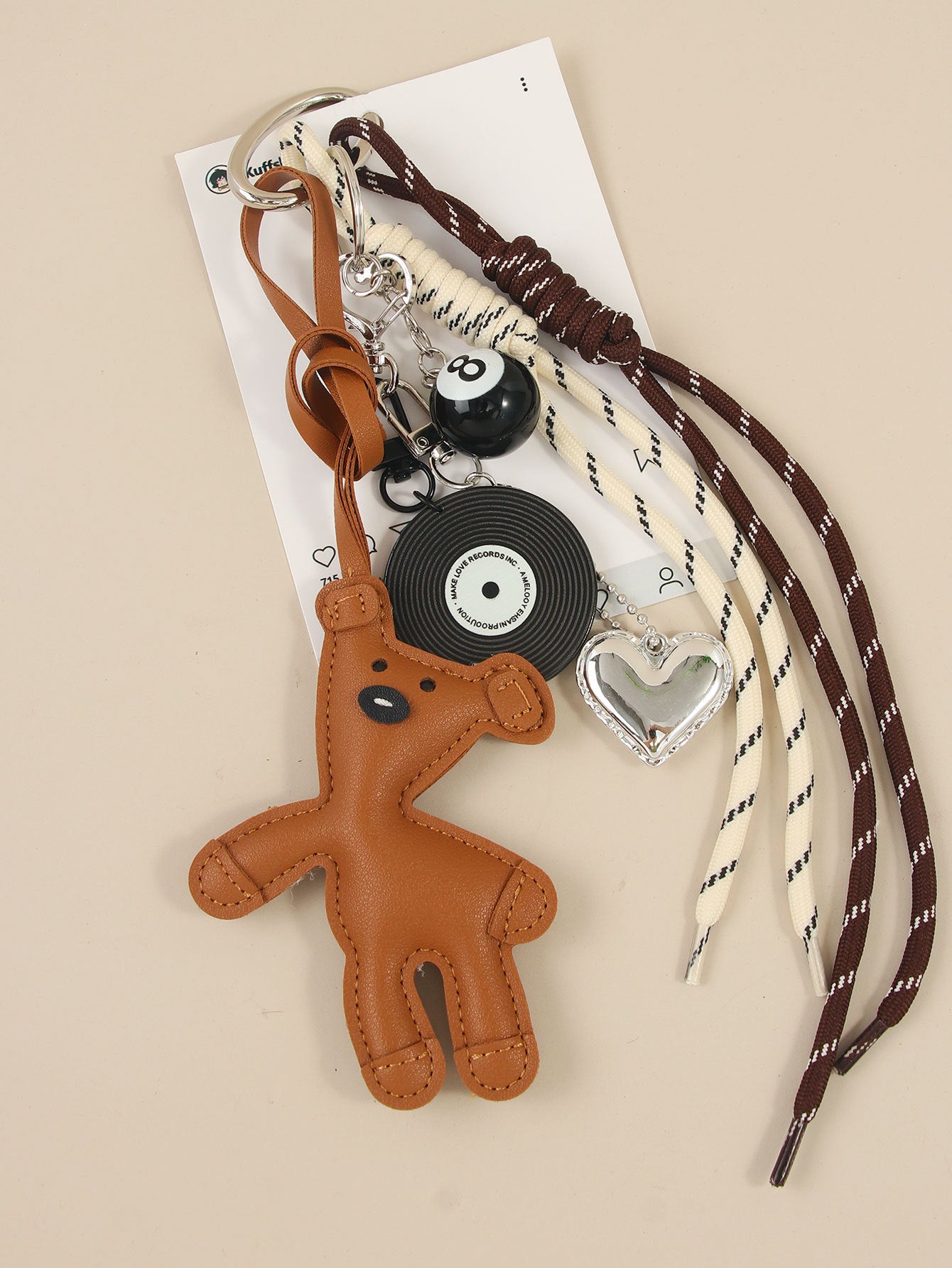 New CartoonBeanieBear Bag Charm Miu Leather Teddy Keychain Black Rope