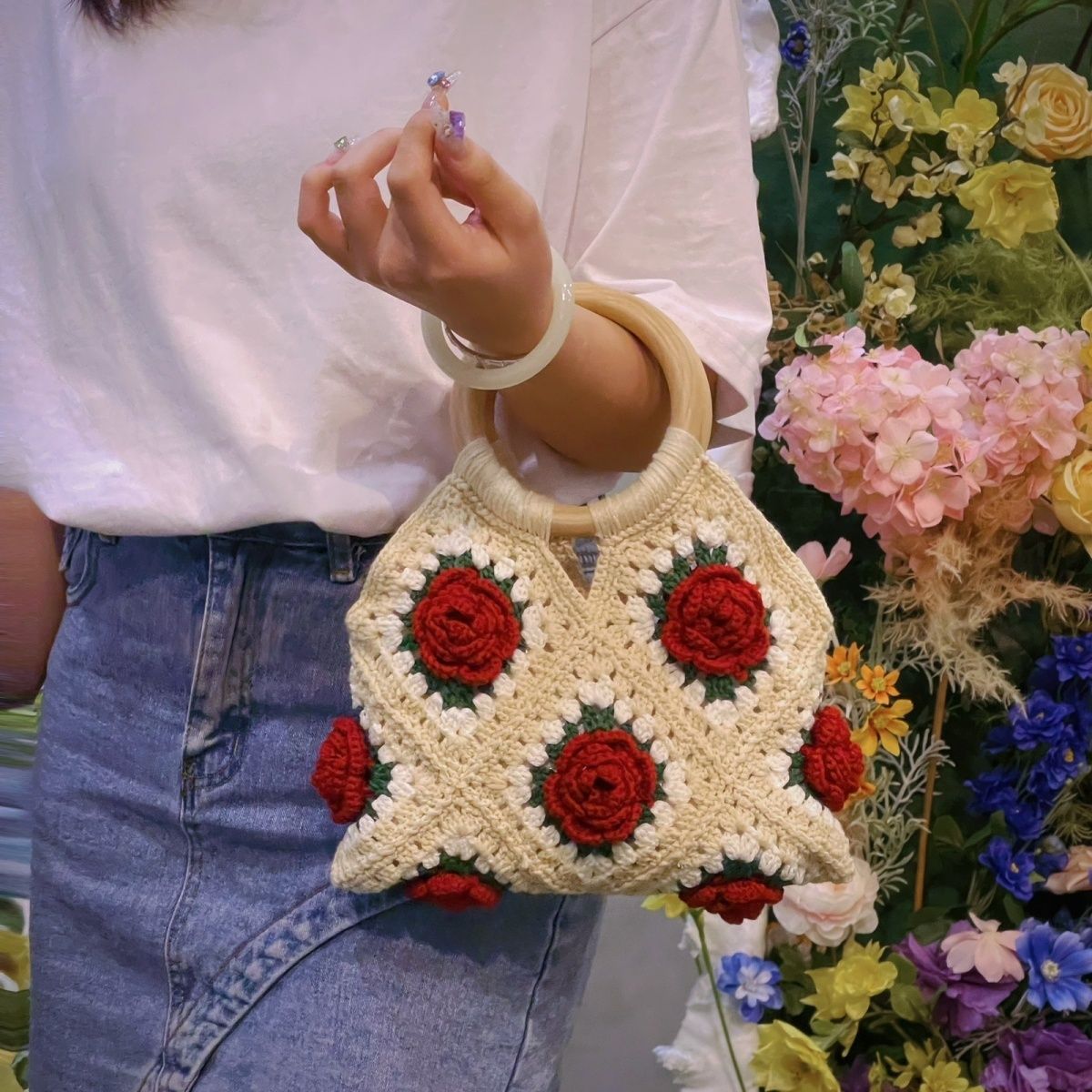 New [Only Selling Finished Products] Vintage Rose Handbag Yarn Crochet DIY Handmade Bag Knitted Camellia Handbag
