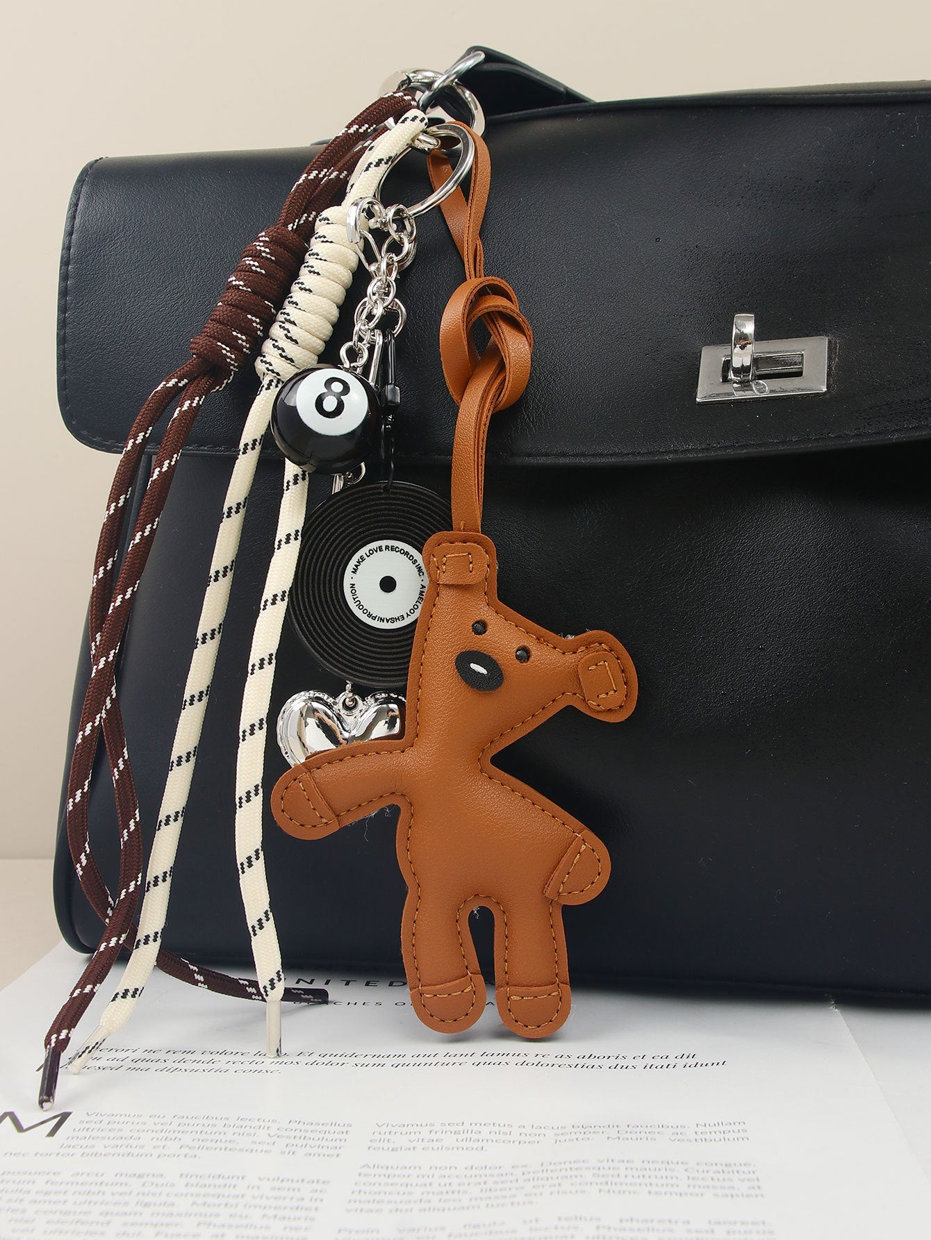 New CartoonBeanieBear Bag Charm Miu Leather Teddy Keychain Black Rope