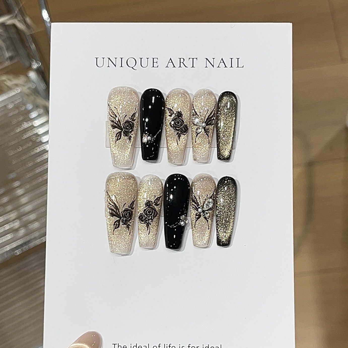 [Floral Ink Dye] National Style Ink Bamboo New Chinese Style Sparkling Black Gold Cat Eye Butterfly Studded Diamond Retro Wearable Nail